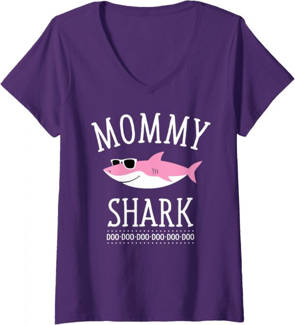 Womens Mommy Shark Funny Mom V-neck T-shirt